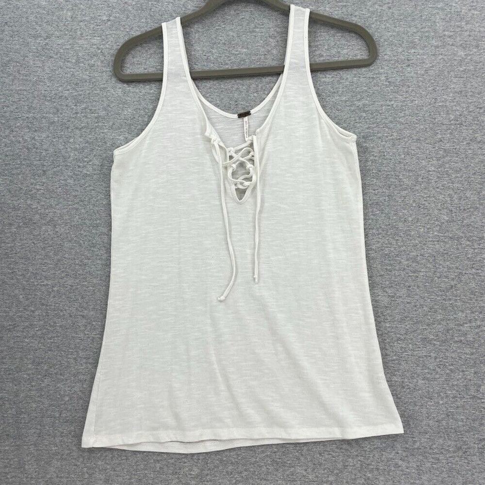 Poof Tank Top Shirt Womens Medium White Lace Up V Neck Sleeveless Lightweight